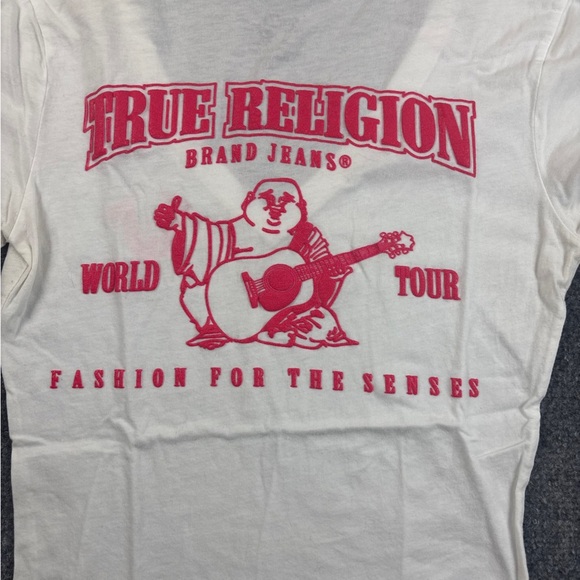 TRUE RELIGION Women’s V-Neck White Pink Logo Shirt size: XS - Picture 3 of 8